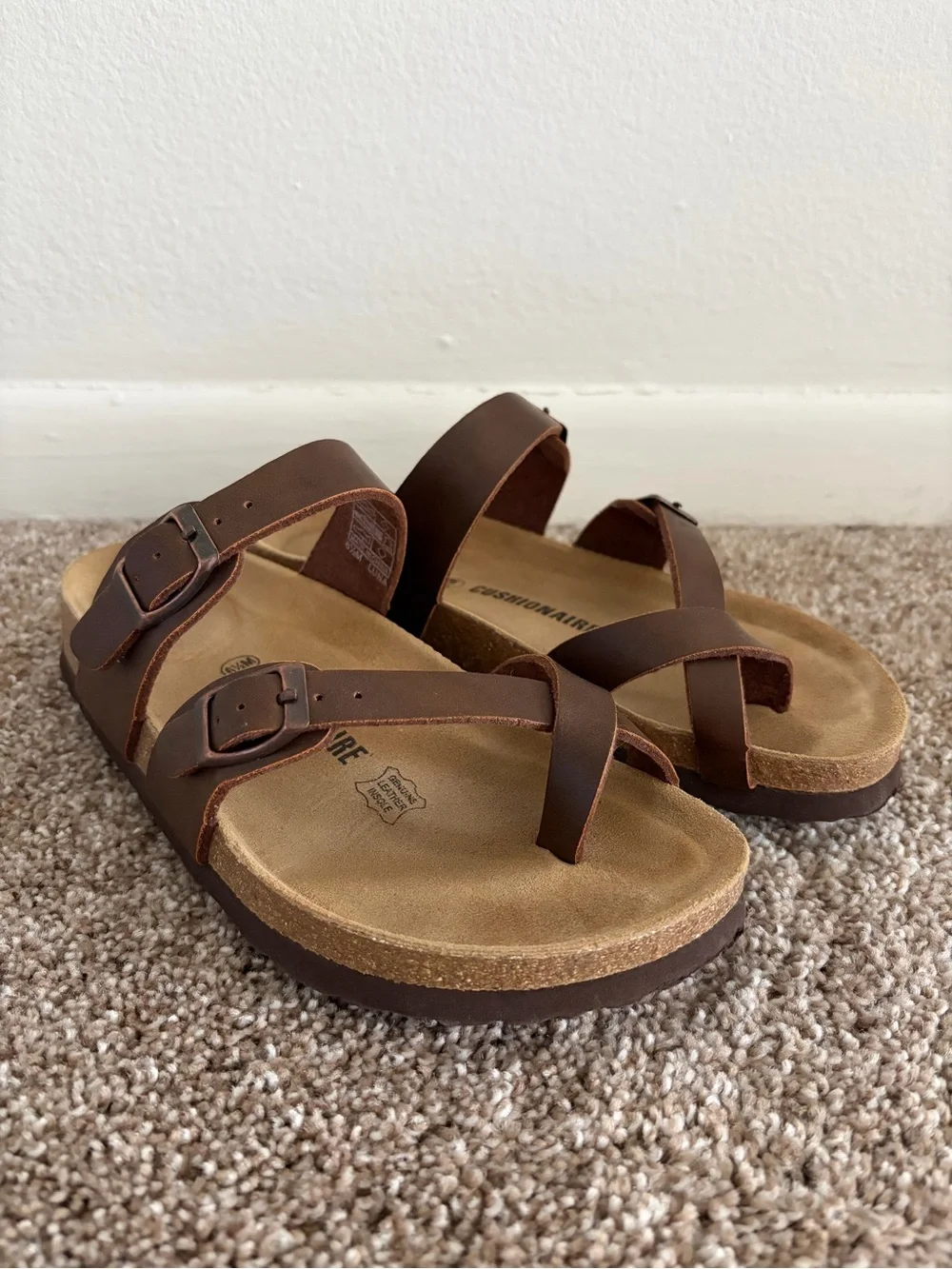Women’s Brown Double-Buckle Toe-Loop Sandals